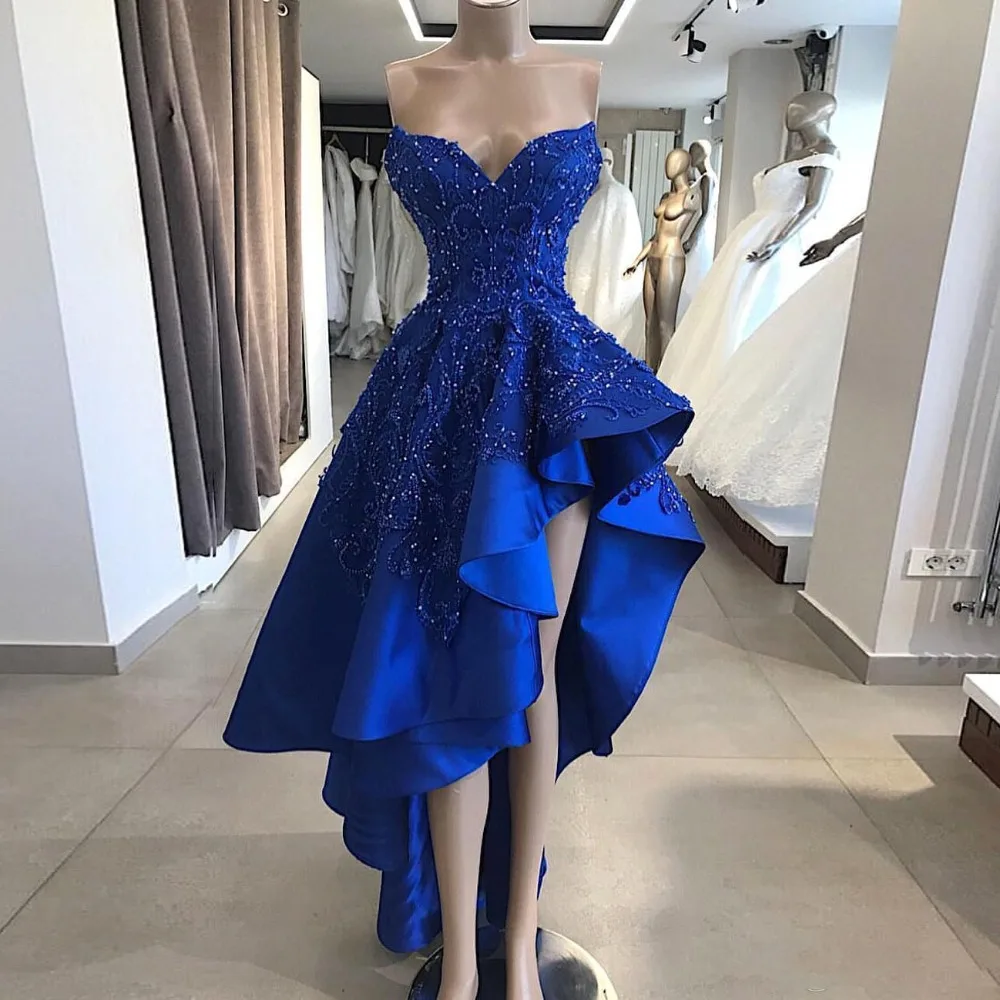 Vintage Royal Blue Short High Low Prom Dresses Real Image A Line Beaded Appliques Sweetheart Asymmetrical Long Evening Party Gowns189