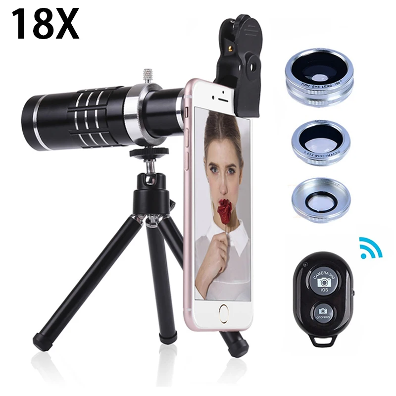

Newest 18X Telescope Zoom Telephoto Lentes 3in1 Fisheye Wide Angle Macro lens With Tripod Clips For iPhone 8 7 Cell Phone Lenses