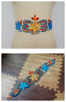 

A151 Pure hand made dazzling orange/sky blue sew on Rhinestones applique crystals trim patches 40*9m dress accessory for belt