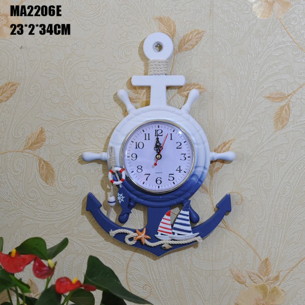 33 см часы в форме якоря пляж тема морской корабль колесо декор с якорем настенный - Цвет: d