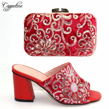 

Popular red embroidery flock design slip-on shoes and evening bag sets with sequins for lady T8108, heel height 8cm