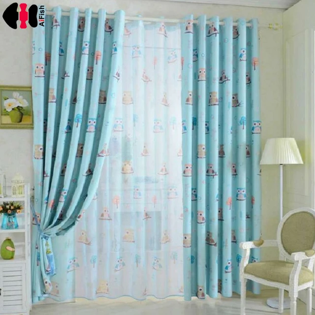 Owl Printed Blue Yellow Curtains For Children Fabric Nursery Cloth Owl Printed Blue Yellow Curtains For Children Fabric Nursery Cloth Sheer Tulle Baby Room