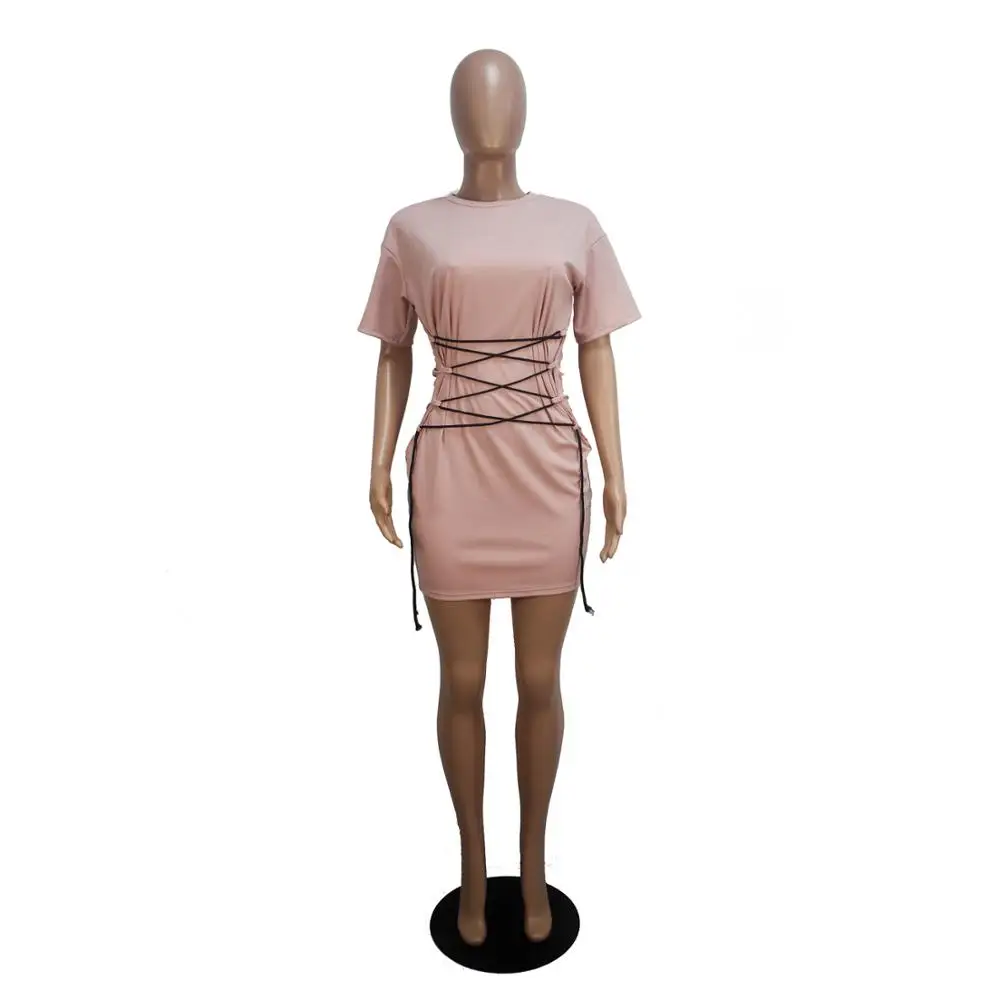 Casual Lace Up Bandage T Shirt Mini Dress Women Short Sleeve O Neck Slim Solid Summer Dress Streetwear Bodycon Sundress Vestidos