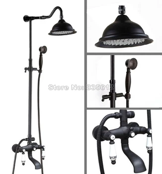 

Black Oil Rubbed Bronze Bathroom Rain Shower Faucet Set with Hold Shower+Dual Ceramic Handles Wall Mounted Tub Mixer Tap Whg621