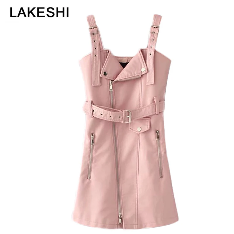 

New Fashion Women's Dresses PU Leather Bandage Dress Zipper Sexy Dress Mini Pink Sweet Sundress Buckle Strap Casual Dress