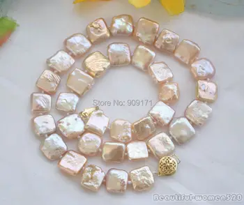

Free Shipping>>12mm NATURE pink square coin freshwater pearl necklace 16inch