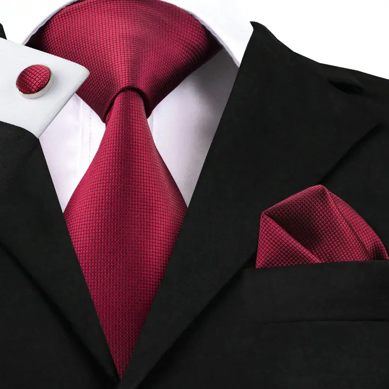 

SN-296 Formal Deep Red Solid Tie Hanky Cufflinks Sets Men's Silk Ties for Wedding Business Dating Party Groom