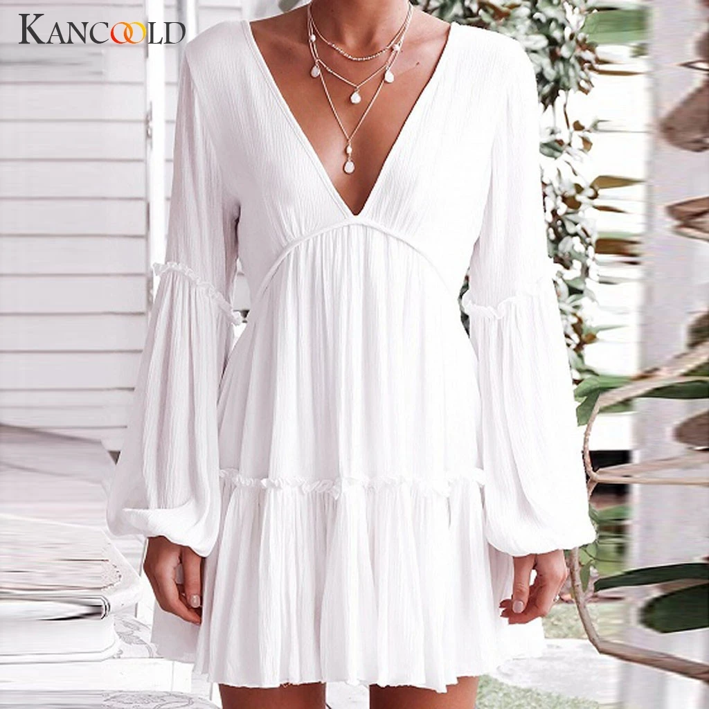 

KANCOOLD dress Women Sexy V-Neck Ladies Loose Casual Dress Summer Long Sleeve Beach Party Mini fashion new dress women 2019MAY7