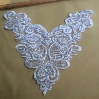 

Size23*19.5cm 2pcs/lot Free Shipping Diy Craft Bleached White Pearls Beaded Bridal Lace Collar Applique for Garment Decoration
