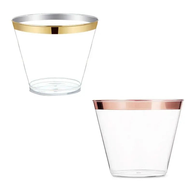

Rose Gold/Gold 6pcs/lot Party Disposable Hard Plastic Drinking Cup 270ml Glass Clear Wine Cup Fit Wedding Party Event
