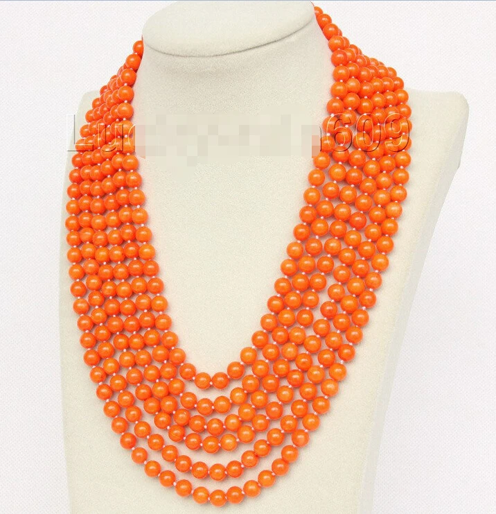 

FREE shipping>>>> Genuine 16"-21" 6row 7mm round orange yellow coral necklace E2512