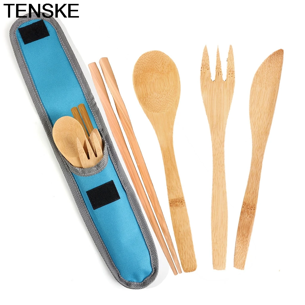 

TENSKE Tableware 3Pcs/Set Bamboo Tableware Travel Utensils Set With Carrying Case Knife Fork Spoon Dinner Outdoor Cutlery 19APR5