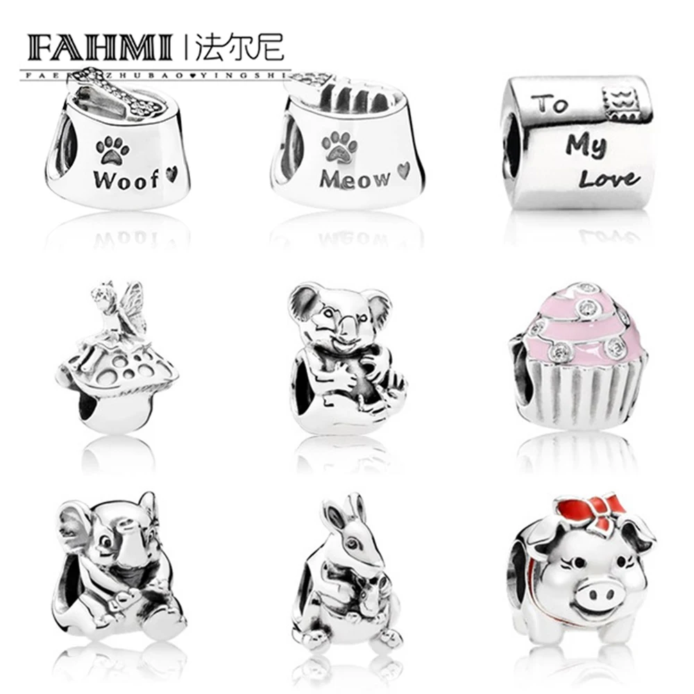 

FAHMI 100% Genuine 925 Sterling Silver Animal flower pig beads Clear CZ Charm bead Fit Bracelet DIY bangle Pendants Gift jewelry
