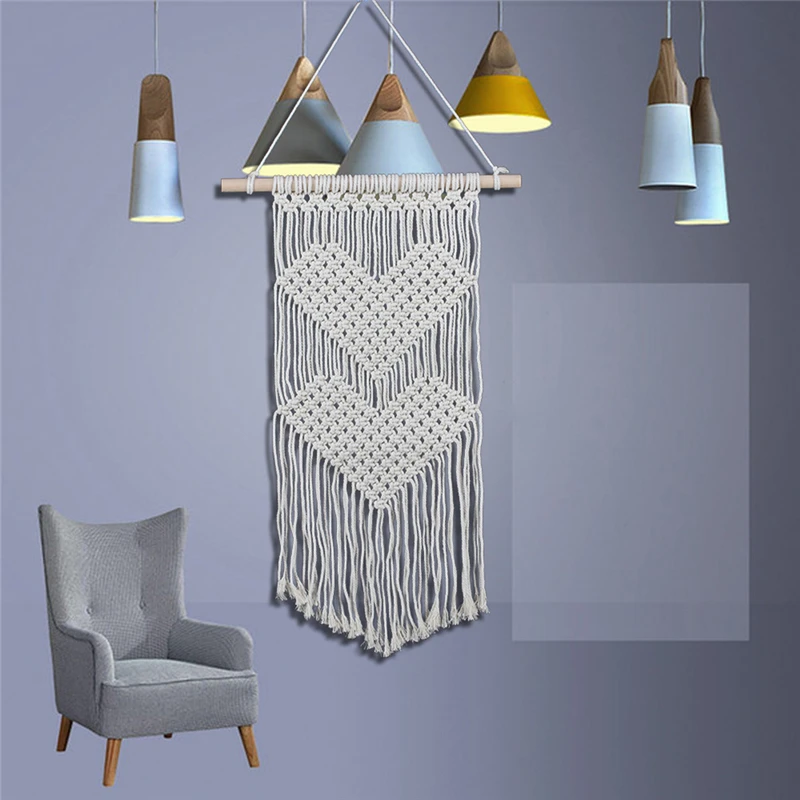 Wedding Decor Hand Knotted Cotton+Wood Wall Tapestry Heart Shape Hanging Tapestry With Tassells 1pcs Handmade Home Art Tapestry