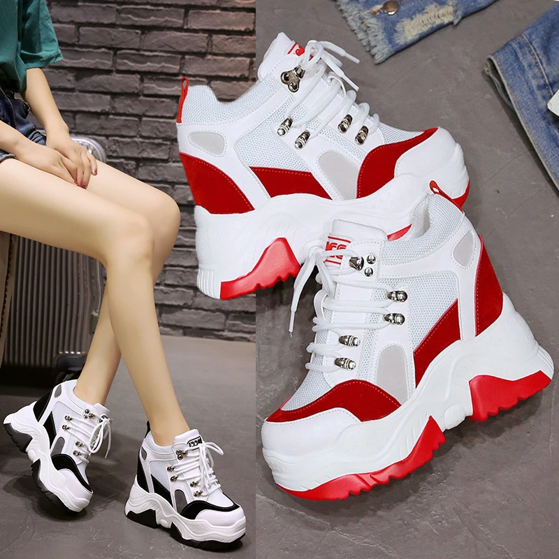 

Spring Women Sneakers 9cm Ultra High Heels Chunky Sneakers Casual Elevator Shoes Summer Mesh Platform Wedges Ladies Trainers