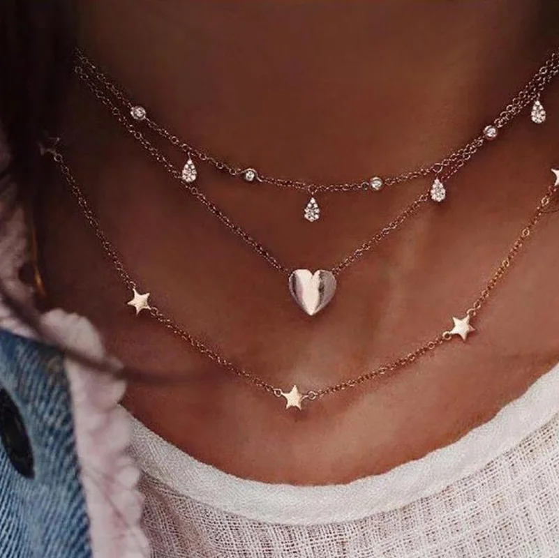Золотистый цвет, много слоев подвеска в форме сердца с кристаллами ожерелье для женщин цепь бусины Луна чокер со звездой ожерелье s ювелирные изделия мода оптом
