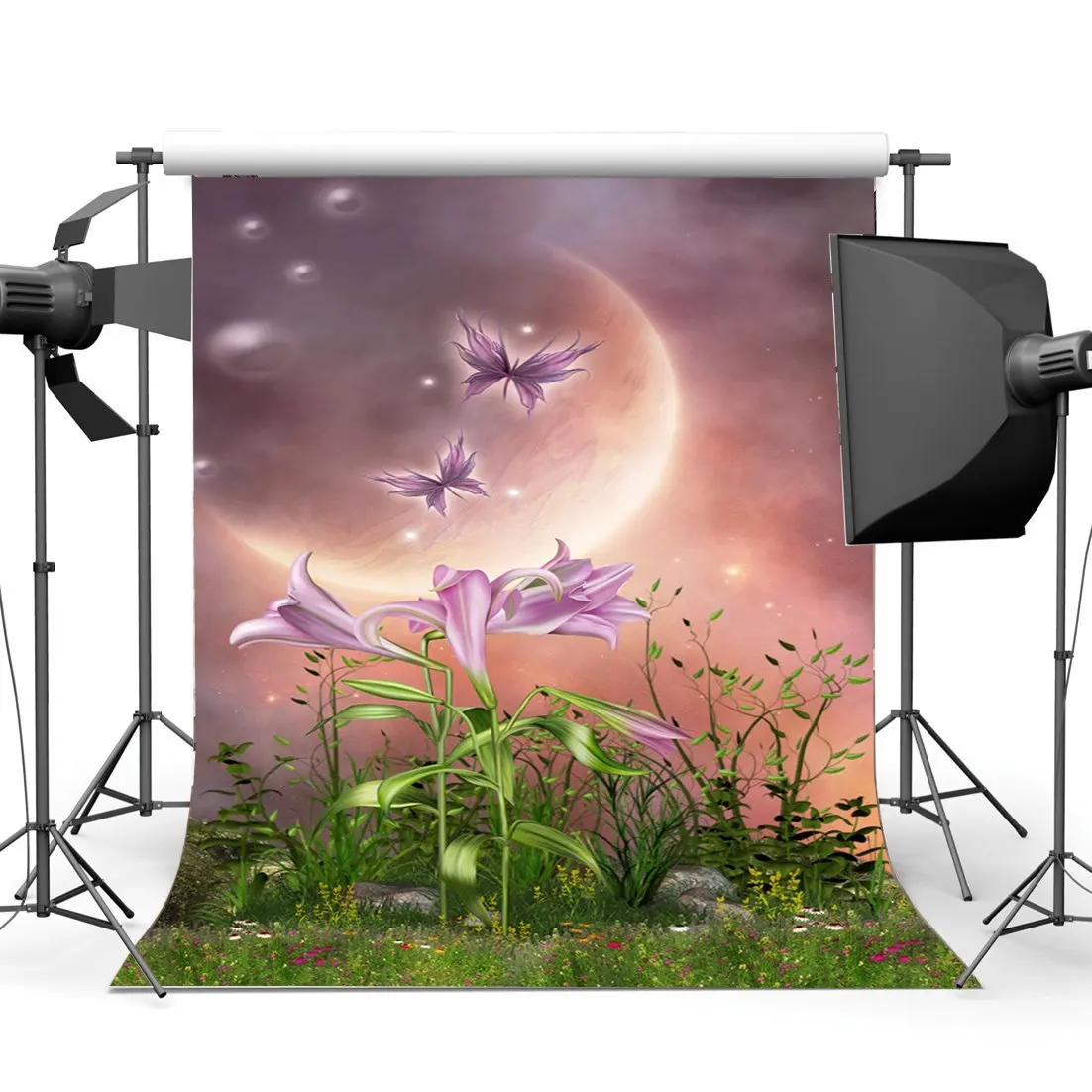 

Photography Backdrop Dreamy World Fairy Tale Blooming Flowers Grass Field Bokeh Moon Night Fantasy Background