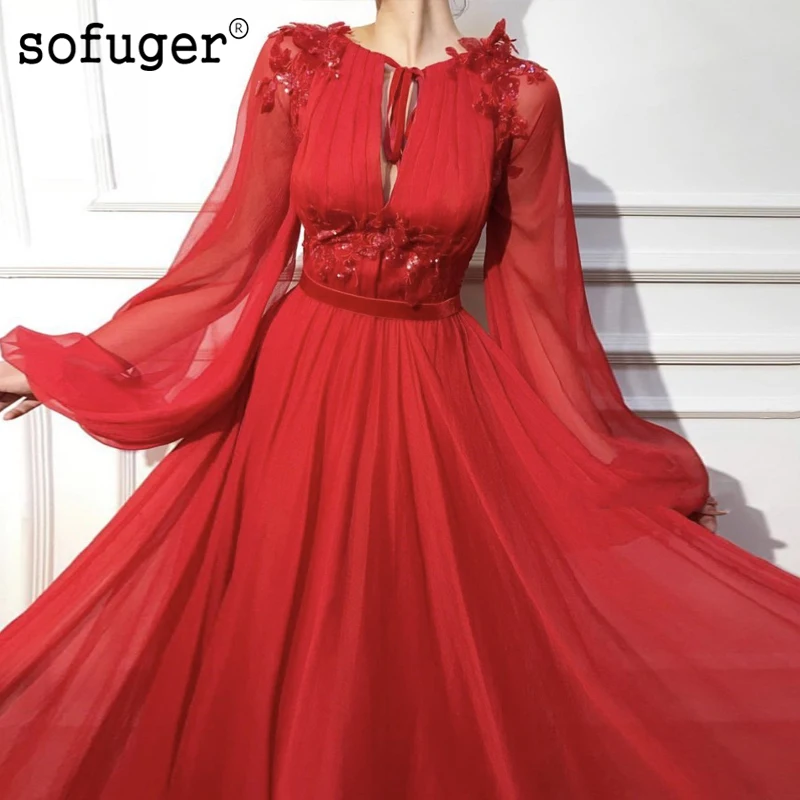 

Red Arabic Evening Dress Long Sleeve Red Chiffon A Line Appliques Formal Occasion Dresses Custom Made Wedding Party Gowns