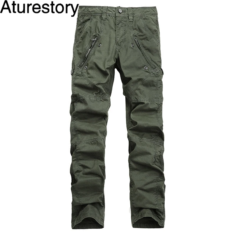 Aturestory Men Casual Cargo Pants Mid Waist 100 Cotton Material Multi Pockets Straight Style