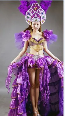 Бразильский женский костюм для шоу, сексуальная одежда для выступлений, комплект одежды для национального танца, головной убор с перьями для ночного клуба, певица, танцовщица - Цвет: Фиолетовый