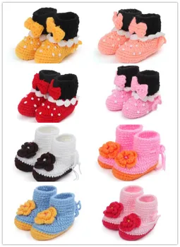 

4psc/lot Handmade Woven Soft Soled Bowknot Flower Pattern Color Matching Gril Baby High Uppers Walking Shoes 11CM Two Optional