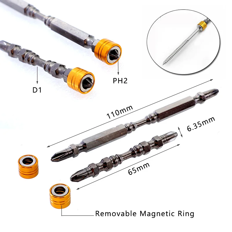 Отвертки, биты 65 мм/110 мм Phillips сильный магнит драйвер D1 Сталь Двойной глава шестигранным хвостовиком с Намагничивающее кольцо