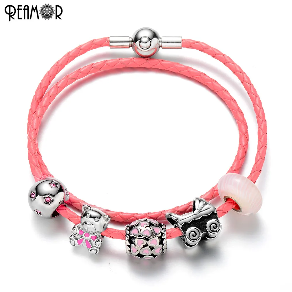 

REAMOR Lovely Pink Little Bear Charms Beads Women Bracelets Pink Genuine Leather Rope Chain Bracelet DIY Jewelry For Girl Gifts