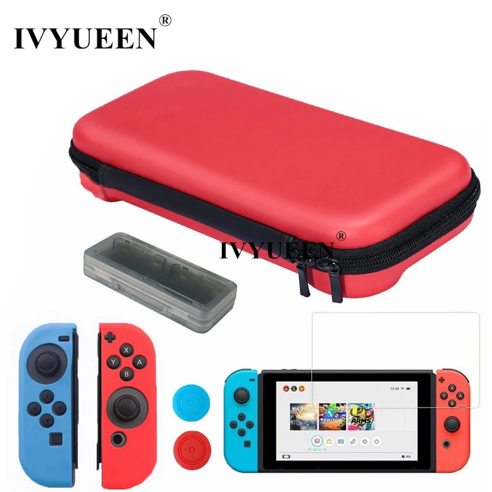 

IVYUEEN 7 in 1 EVA Protective Hard Storage Bag for Nintend Switch NS Console Film Silicone Case Grips for Jon Con Blue / Red
