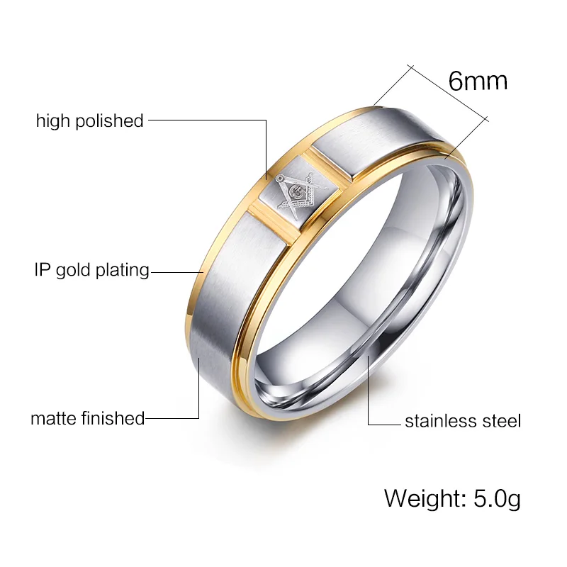 Meaeguet Men Masonic Rings Stainless Steel Gold-Color 6MM Wide Ring For Male Wedding Jewelry
