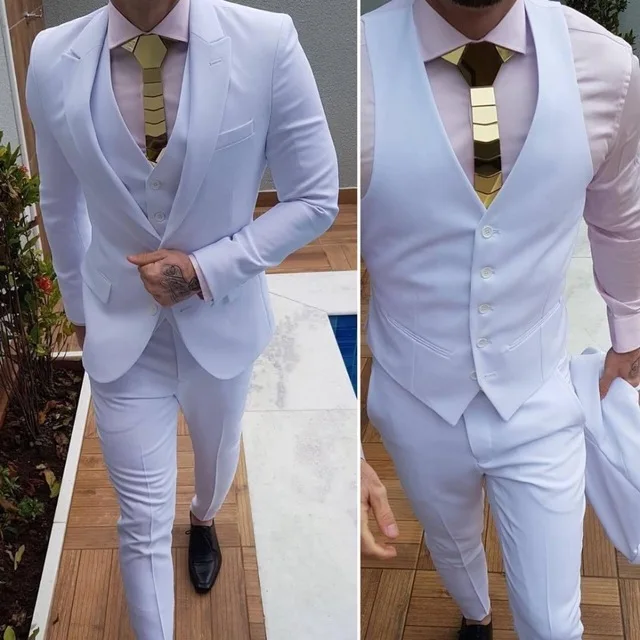 White Peak lapel Men Wedding Suits Single breasted 3 Pieces (Jacket+Vest+Pants) For Slim Fit Groom Prom | Мужская одежда