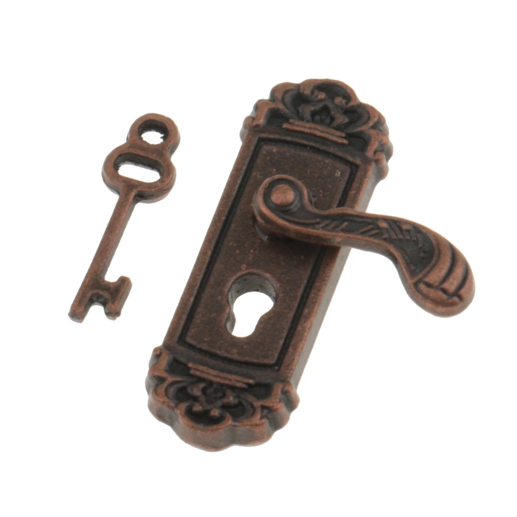 Mini vintage lock with right handle and key Designed for 1/12 dollhouse miniature doors  for your dollhouse DIY scene  Bronze 