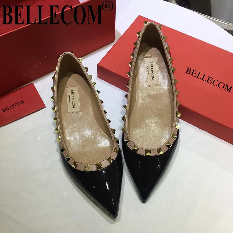 

BELLECOM Spring and summer new rivet pointed patent leather women's shoes shallow mouth large size flat with pointed shoes s