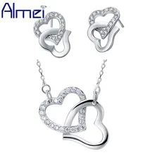 Almei сердце в сердце кулон ожерелье s серьги наборы для женщин серебряное ожерелье Девушки Модное с кристаллами, стразами ювелирный набор T287