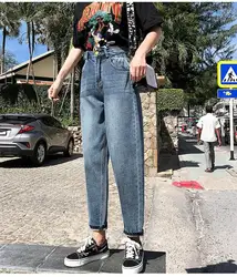 2019 летние Для женщин с эластичной резинкой на талии, гаремный с широкими штанинами джинсы Винтаж Высокая Талия бойфренд джинсовые штаны