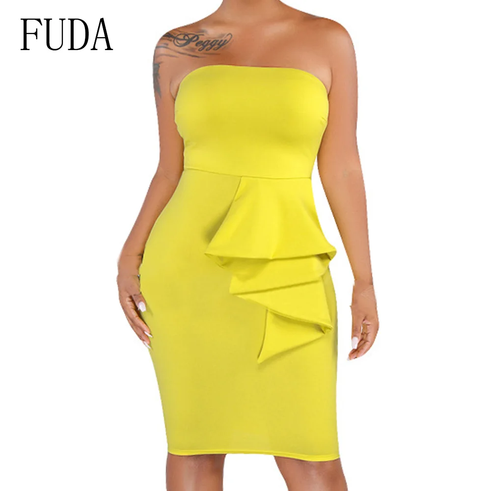 FUDA Elegant Off Shoulder Sleeveless Slim Dress Summer Street Style Package Hip Dress Strapless Ruffles Night Party Dresses