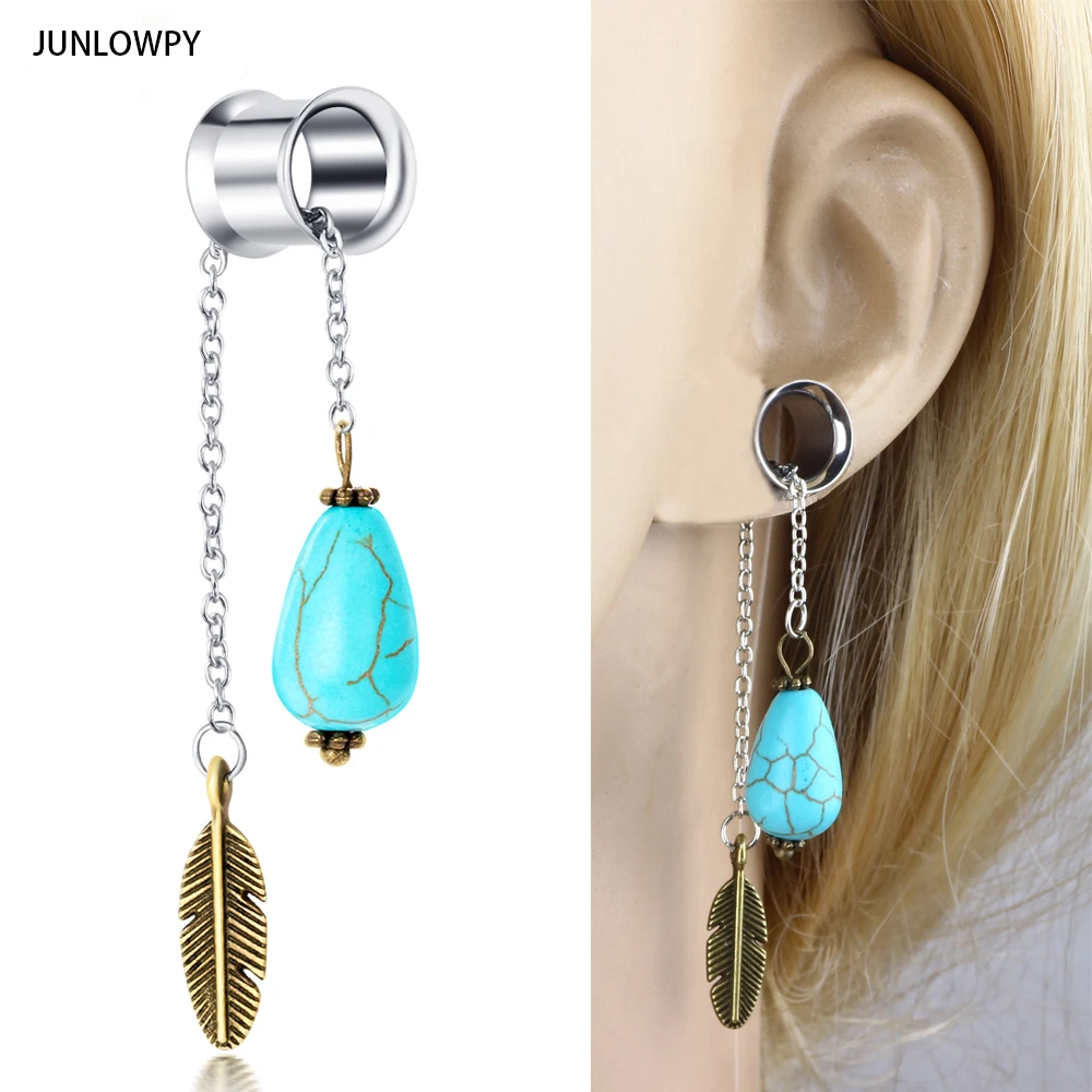 Junlowpy Double Flared Flesh Tunnel Opal Stone Dangle Body Jewelry Ear