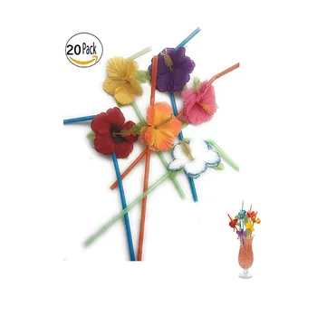 

20pcs Hibiscus Flower Bendable Straws Hawaii Outdoor Picnic Party Children Kid Disposable Straws Table Beverage Decorations
