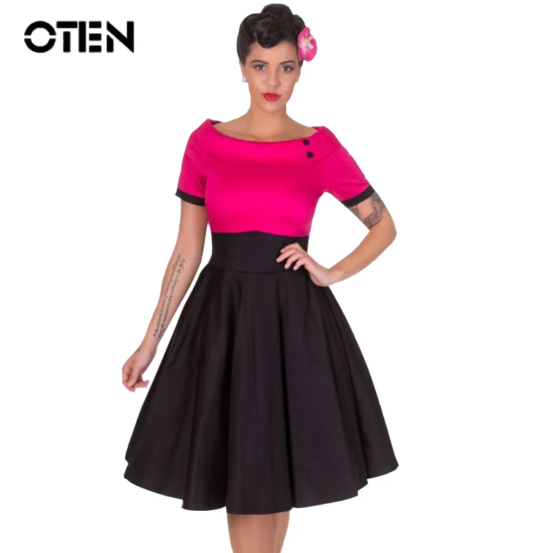 

OTEN 2018 Ladies Summer short sleeve Vintage Retro 50s 60s Rockabilly Skater Swing Midi Flare dress clothing vestido de festa