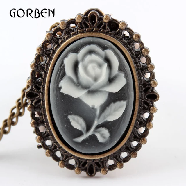 Retro Antique Mini Quartz Pocket Watch White Rose Flower Bronze Necklace Chain P Retro Antique Mini Quartz Pocket Watch White Rose Flower Bronze Necklace Chain P