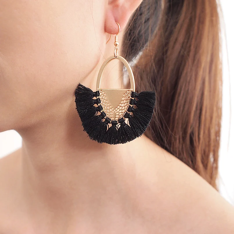 MANILAI Bohemia Handmade Tassels Earrings For Women Cotton Thread Alloy Statement Fringe Dangle Earrings Ethnic Jewelry