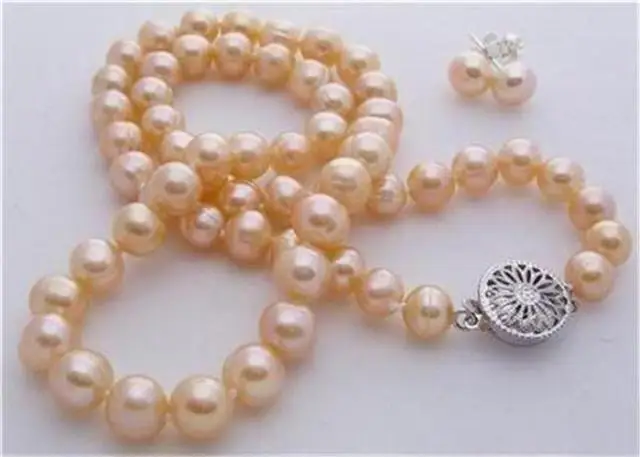 

9-10mm natural south seas gold pinkpearl necklace 18inch earrings (9.13)