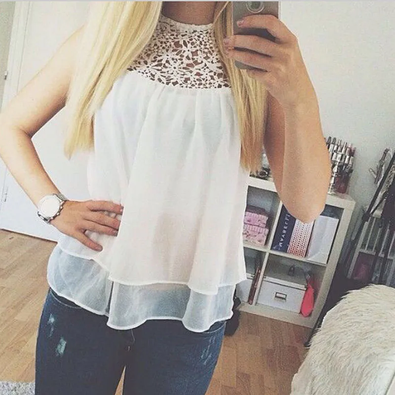 Hot Cheap White Lace Floral Hollow Chiffon Women T Shirt Sleeveless Good Quality T shirts For