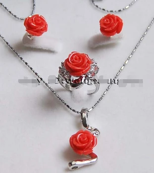 

FREE shipping> >>>>>12MM Hand Carved Pink Coral Flower Earrings/Ring/Necklace Pendant Set A06