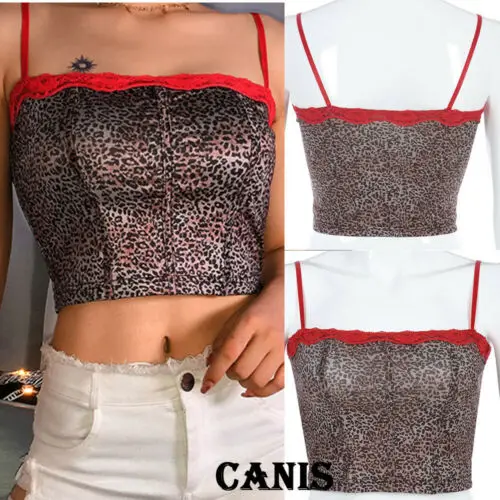 

2019 Women Lace Crop Top Vest Leopard Print Camisole Sleeveless Top T-Shirt