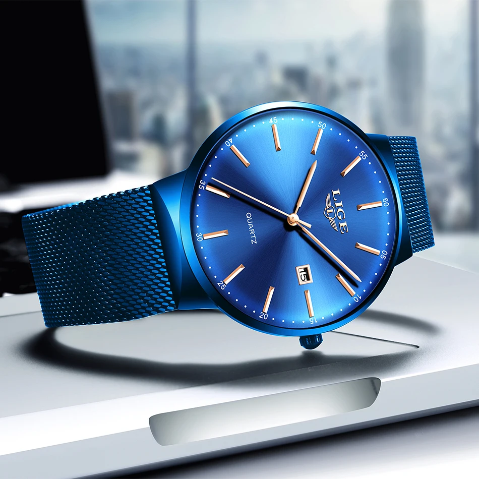 relógio de quartzo feminino malha azul completo
