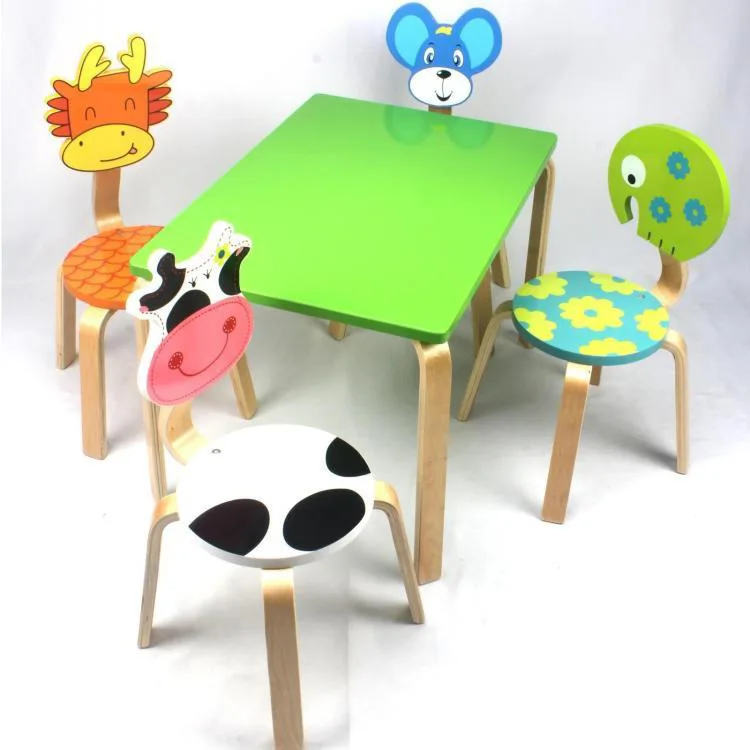 Комплекты детской мебели 1 стол+ 4 стула, наборы детской мебели из цельного дерева, Мультяшные животные, детский стул и стол для учебы, наборы
