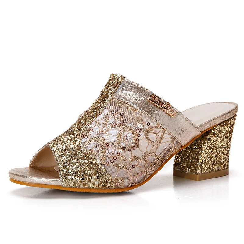 

Women sandals 2018 Bling fashion square heel summer lace slippers women sexy Hollow sandals for women size 35-41
