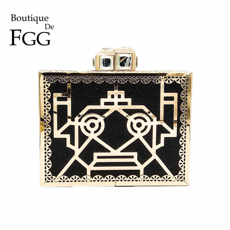 

Boutique De FGG Hollow Out Robot Women Gold Metal Black Evening Purse Fashion Day Clutches Handbag Party Dinner Prom Clutch Bag