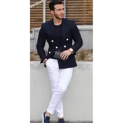 2019 для мужчин Slim Fit костюм темно-синий двубортный классические костюмы строгий костюм костюмы комплект из 2 предметов куртка с белые штаны