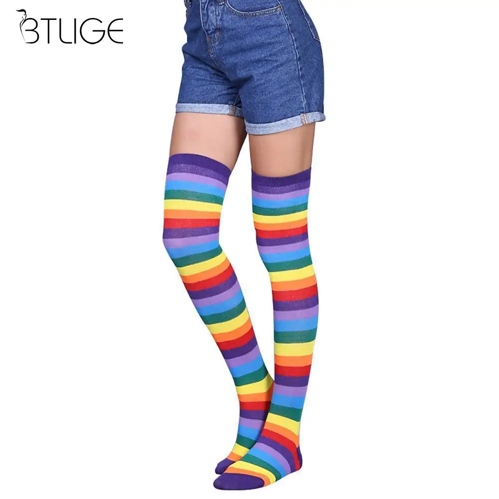 BTLIGE Rainbow Women Socks Knee High Socks Women Girls Over Knee Leg